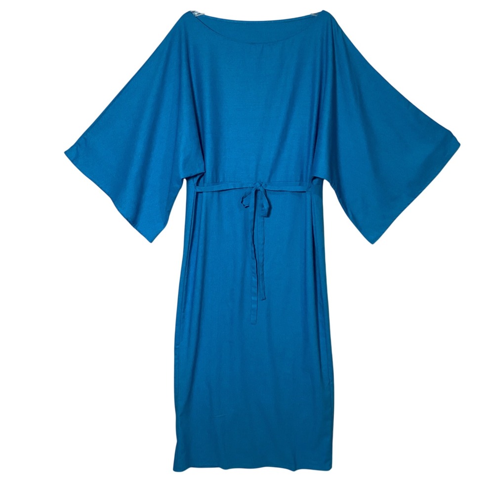 Kimono Sleeve Midi Dress Women Size Small Blue Boat Neck Minimalist Chic